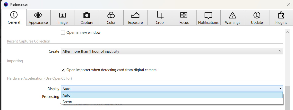 Cài đặt Hardware Acceleration trong Preferences, cho phép Capture One sử dụng GPU để tăng tốc xử lý.