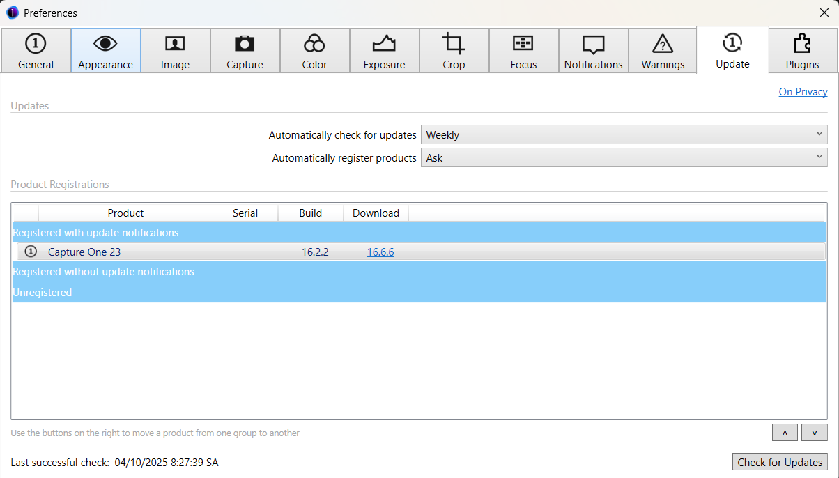 👉 Giao diện Preferences tab Update – kiểm tra và tải bản cập nhật Capture One mới nhất.