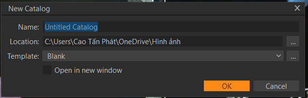 Hộp thoại tạo Catalog mới trong Capture One – nơi đặt tên và chọn thư mục lưu trữ.